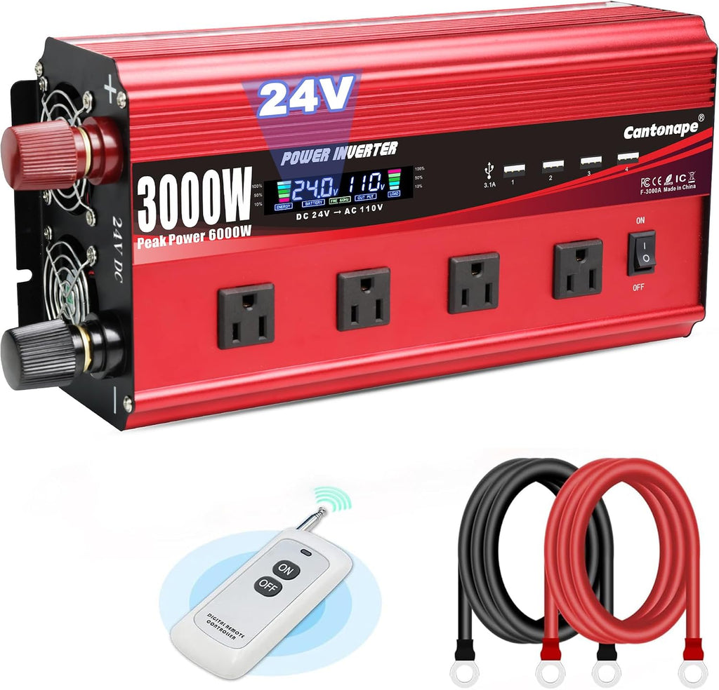 Cantonape 3000W Power Inverter 24V to 110V/120V DC to AC with LCD Display, Remote Controller 4 x AC Outlets and 4 x 3.1A USB Car Adapter for Car Truck Boat RV Solar System