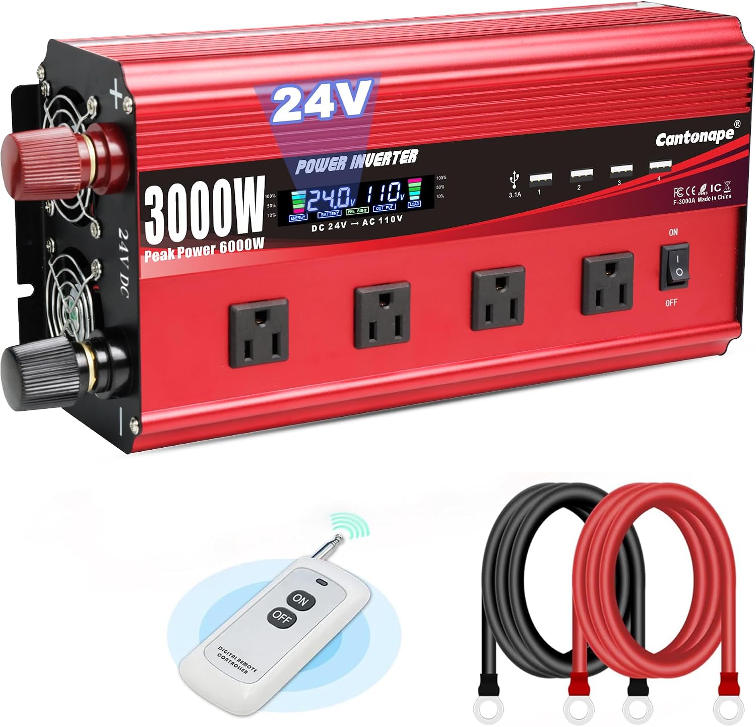 Cantonape 3000W Power Inverter 24V to 110V/120V DC to AC with LCD Display, Remote Controller 4 x AC Outlets and 4 x 3.1A USB Car Adapter for Car Truck Boat RV Solar System