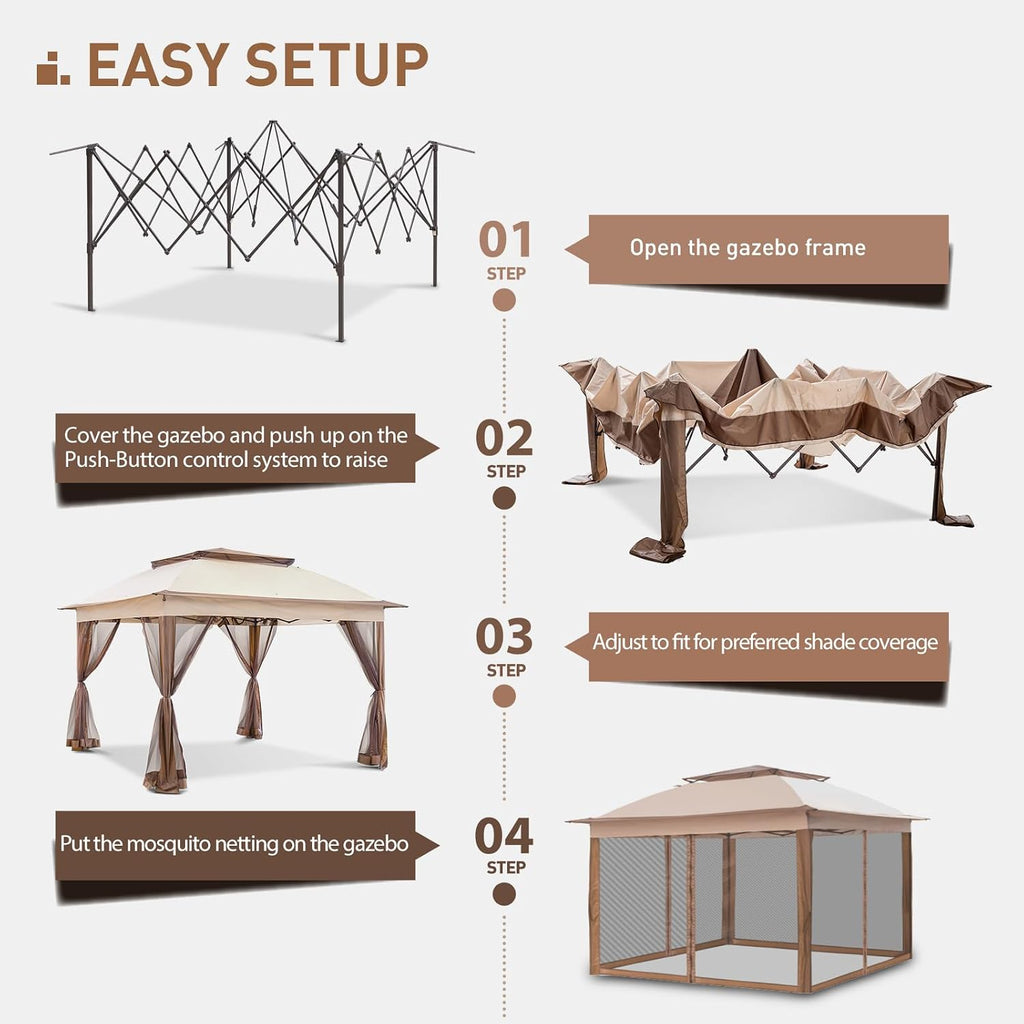 11'x11' Pop Up Gazebo for Patios Gazebo Canopy Tent with Sidewalls Outdoor Gazebo with Mosquito Netting Pop Up Canopy Shelter Wedding Tent, Beige