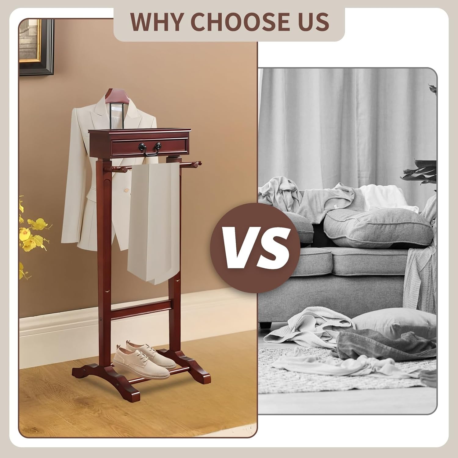 Wooden Valet Stand Clothes with Contour Hanger, Trouser Bar, Shoe Shelf, Suit Rack with Drawer&Tray, Garment Organizer Rack Storage for Keys, Watches, Wallet, Jewelry, Accessory Organizer
