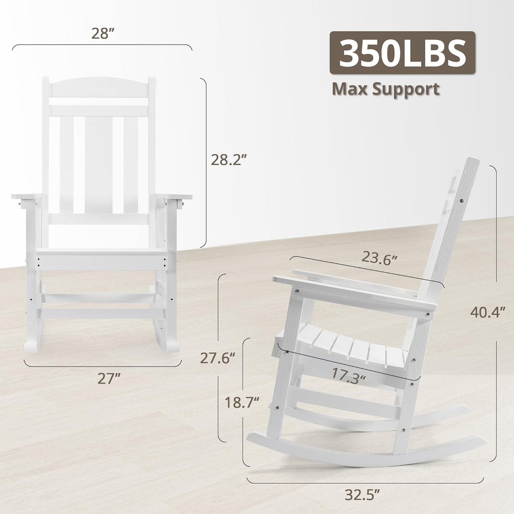 LUE BONA Outdoor Rocking Chairs Set, 3-Piece, HDPS Poly Porch Rockers with Table, Plastic Weather Resistant Rocking Chair Set for Outdoor Indoor, Garden, Backyard, 350lb,White Chairs+Table