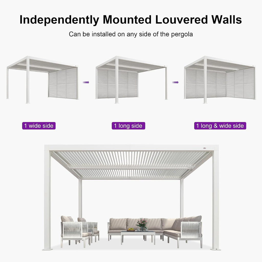 PURPLE LEAF Louvered Pergola 11' x 13' Outdoor White Aluminum Pergola with Fixed Shutter Wall Adjustable Roof Gazebo for Patio Backyard, 1 Short Side