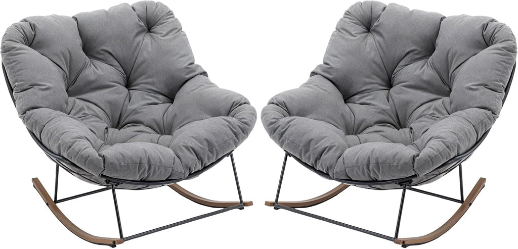 Outdoor Rocking Chairs Set of 2,Oversized Papasan Chair with Cushion and Frame, Comfy Modern Rocker Egg Chair for Living Room, Garden Backyard(Grey,2PC)
