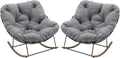 Outdoor Rocking Chairs Set of 2,Oversized Papasan Chair with Cushion and Frame, Comfy Modern Rocker Egg Chair for Living Room, Garden Backyard(Grey,2PC)
