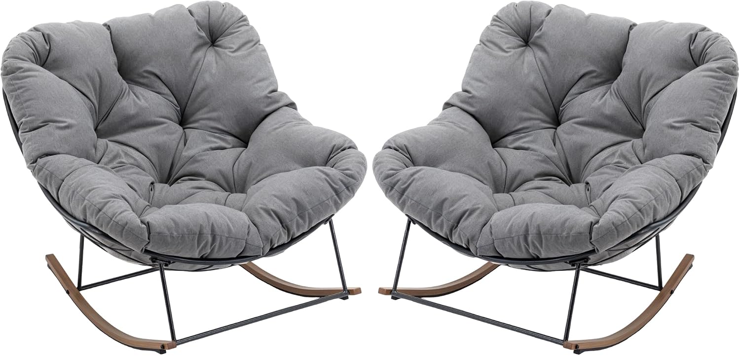 Outdoor Rocking Chairs Set of 2,Oversized Papasan Chair with Cushion and Frame, Comfy Modern Rocker Egg Chair for Living Room, Garden Backyard(Grey,2PC)