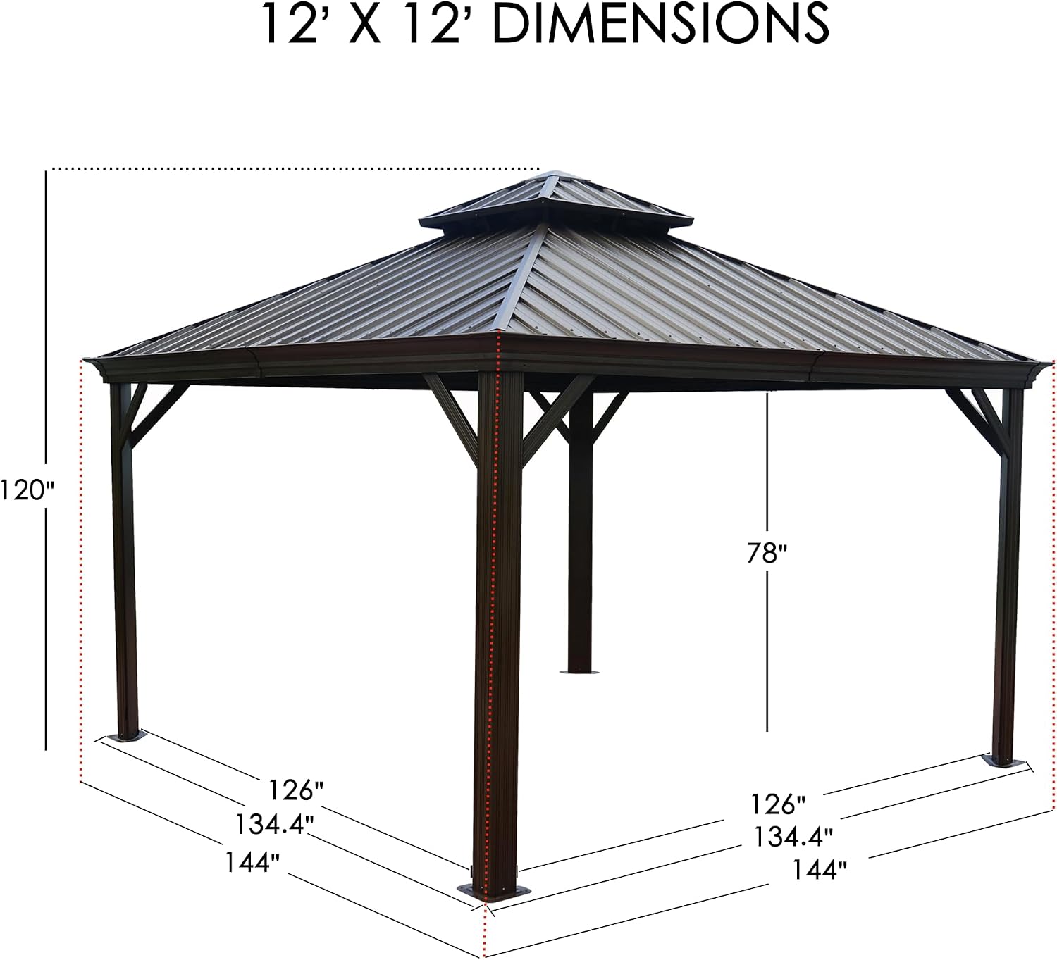 Kozyard Apollo 12'x12' Hardtop Gazebo, Wooden Coated Aluminum Frame Canopy with Galvanized Steel Double Roof, Outdoor Permanent Metal Pavilion with Netting for Patio, Deck and Lawn (12ft x 12ft)
