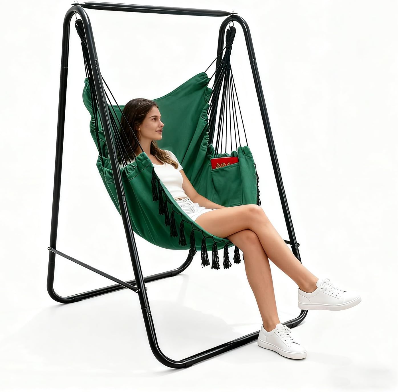Hammock Chair with Stand,Heavy-Duty Hammock Stand with Large Indoor Swing,MAX Load 500 LBS,Hanging Chair with Stand for Indoor Outdoor,Swing Chair with 2 Cushions Included(Dark Green)