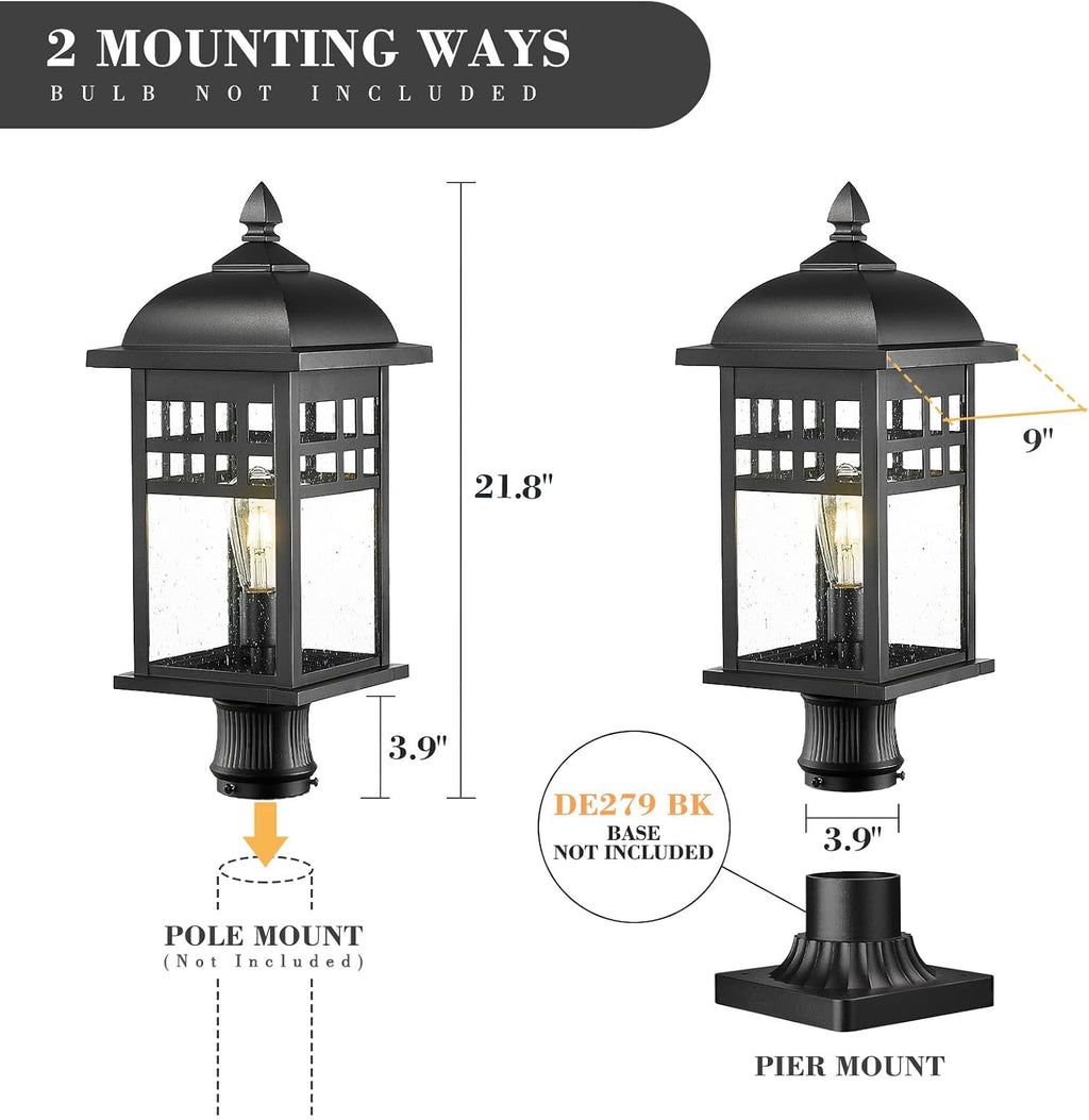 Emliviar 22 Inch Large Outdoor Lamp Post Light, Farmhouse Pole Lights for Outside Patio, Waterproof Aluminum in Black Finish with Seeded Glass, DE279P-M BK