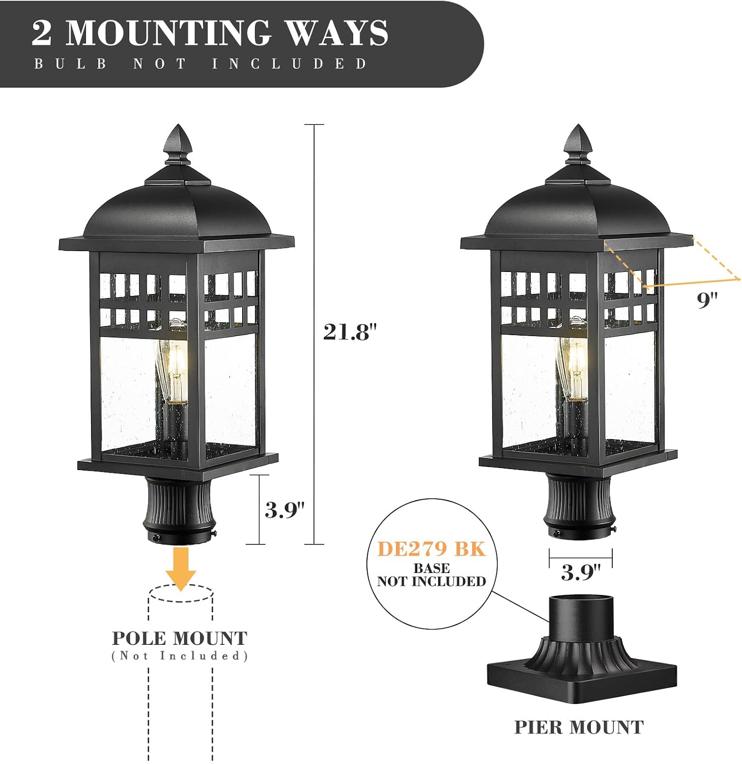 Emliviar 22 Inch Large Outdoor Lamp Post Light, Farmhouse Pole Lights for Outside Patio, Waterproof Aluminum in Black Finish with Seeded Glass, DE279P-M BK