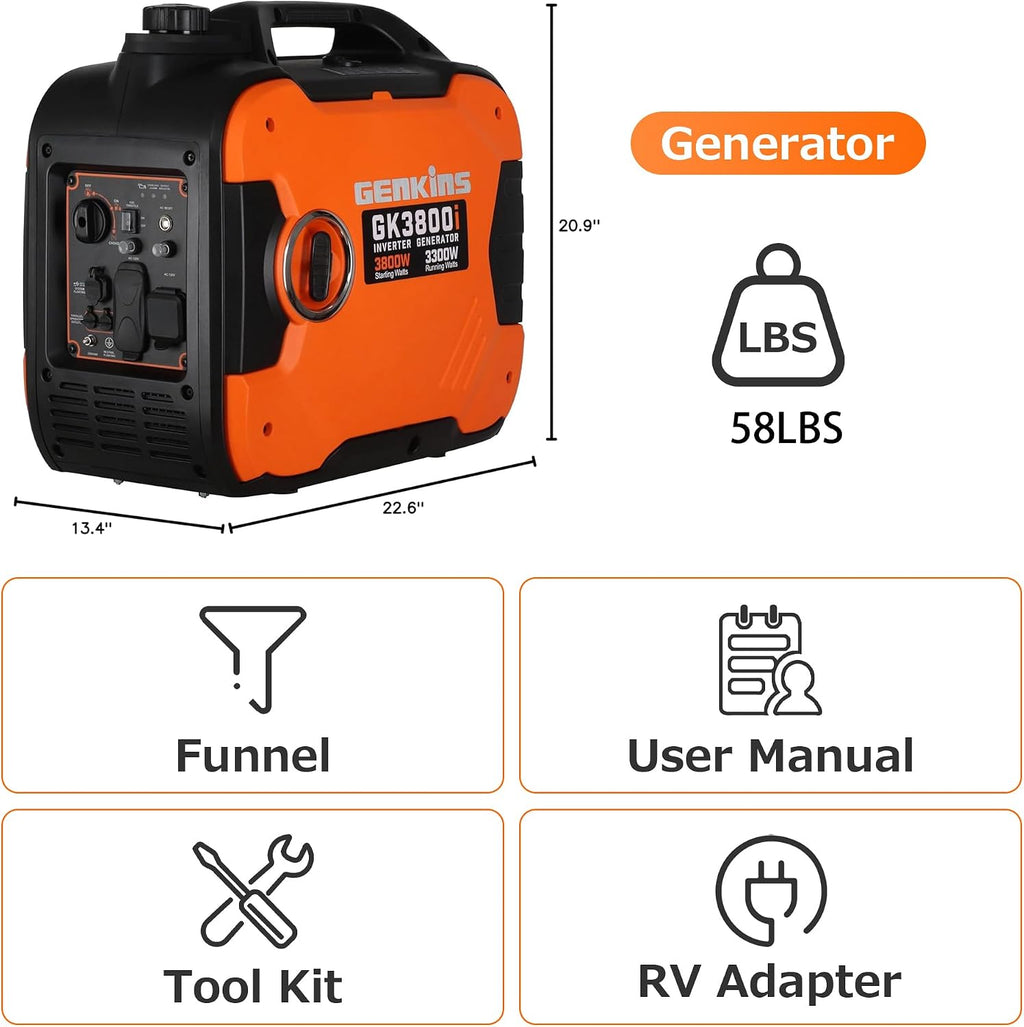 GENKINS Portable Inverter Generator 3800 Watt Gas Generato Super Quiet with Parallel Capability for RV Ready Camping Outdoor, EPA Compliant