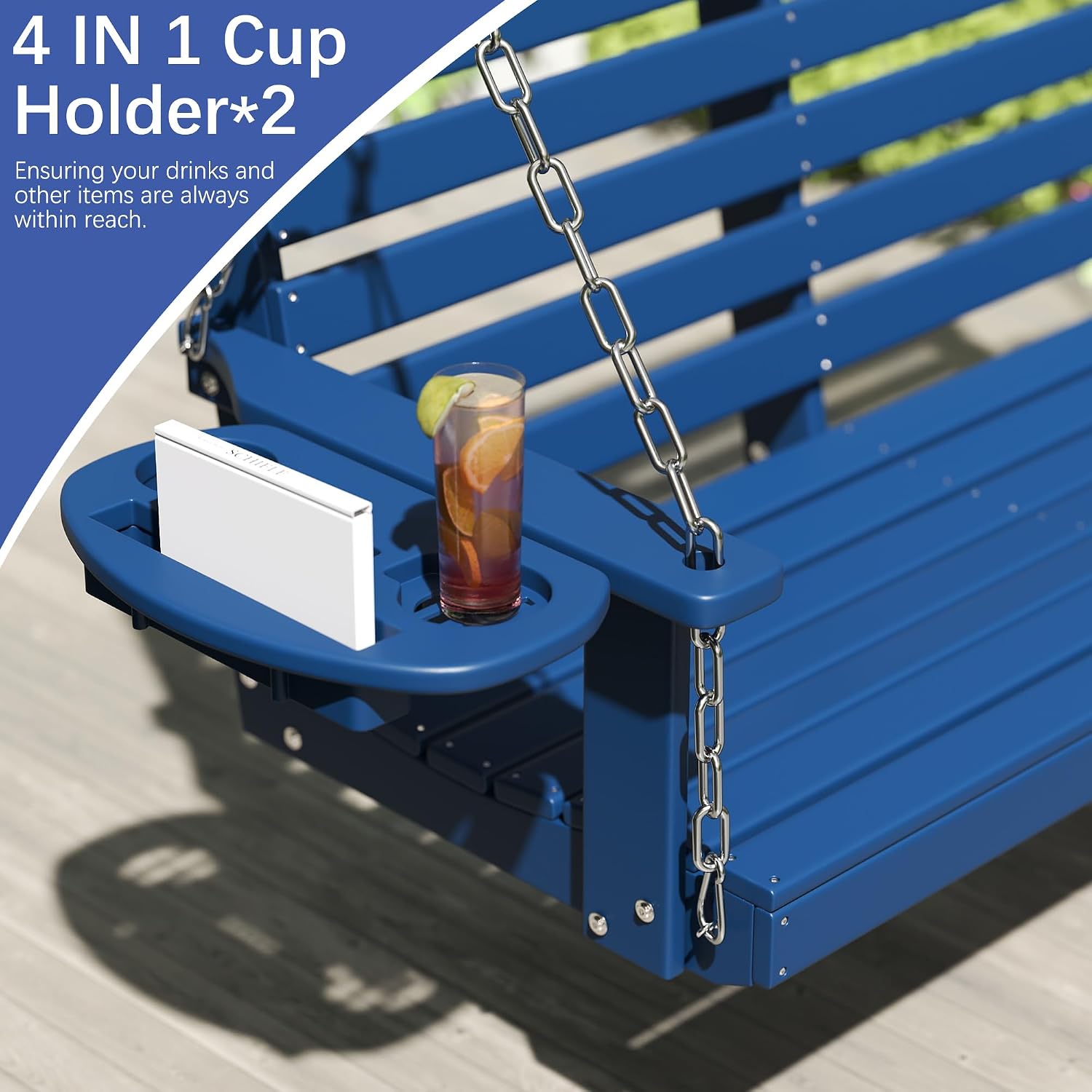 FOOWIN Porch Swing, 4 FT Patio Swing with Cup Holders, Adjustable Hanging Chains, HDPE Outdoor Swing for Patio, Porch, Garden, Yard, Heavy Duty 660 LBS Weight Capacity Navy Blue