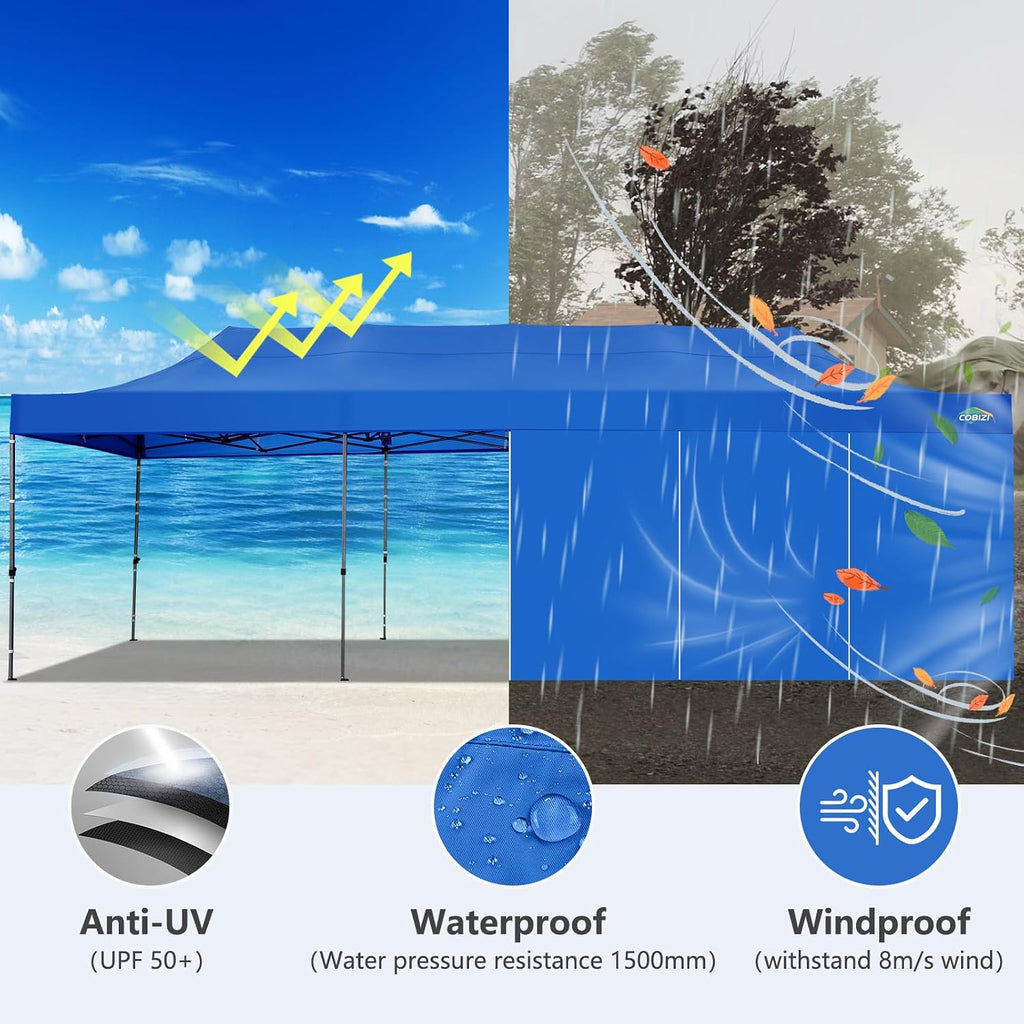 COBIZI 10x30 Pop up Canopy with 8 Removeable Sidewalls, Heavy Duty Party Tents for Parties, Events and Weddings, UPF 50+ Waterproof Commercial Tent with Roller Bag, Blue (Windproof Upgraded)