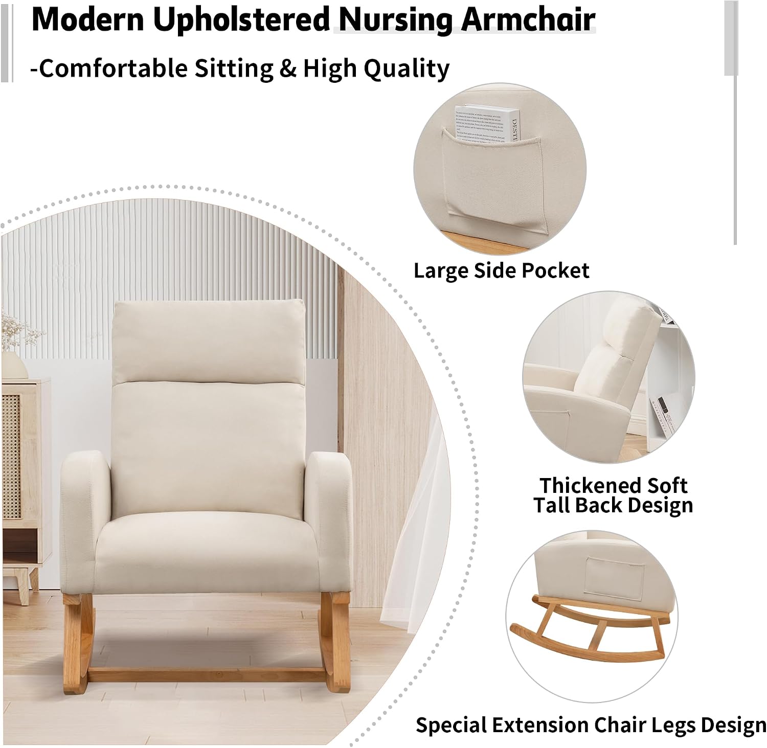 Rocking Chair Nursery, Upholstered Fabric Glider Rocking Nursing Chair with Extended Wood Legs & Side Pocket, Comfy Nursery Chair for Living Room, Bedroom, Beige
