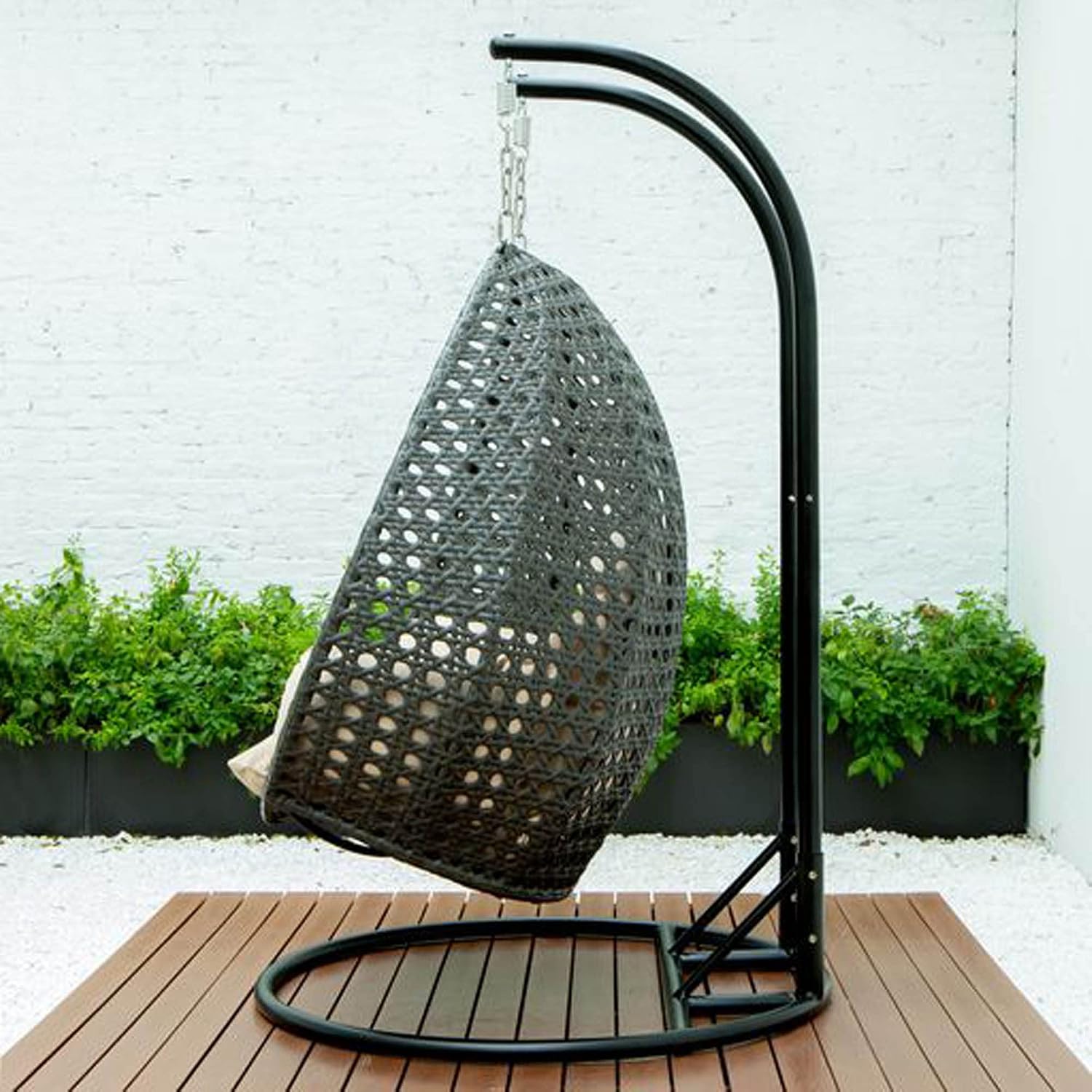 LeisureMod 2 Person Wicker Hanging Egg Chair with Stand & UV-Resistant Cushions for Indoor/Outdoor, Patio, Lounge, Hammock Seat, Beige