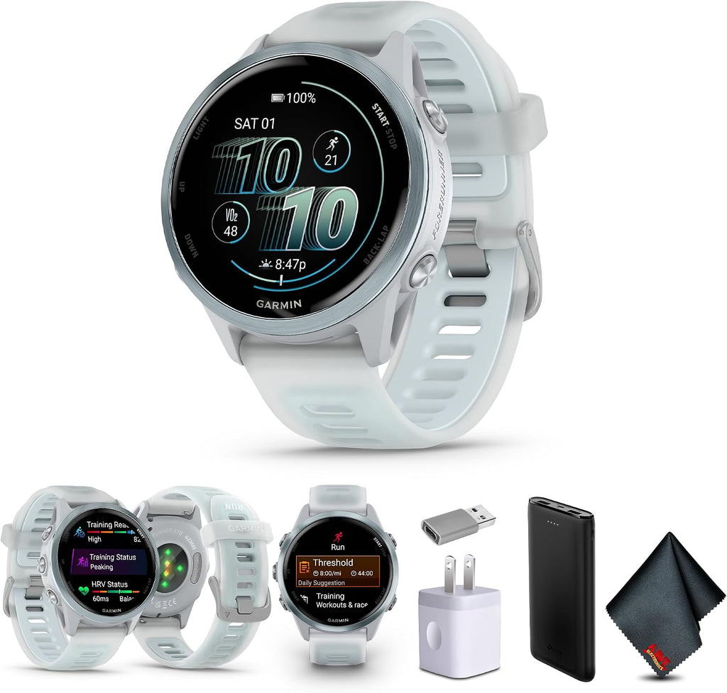 Garmin Forerunner 570 Running Smartwatch, 42MM WiFi, GPS Fitness Smart Watch for Men and Women, Cloud Blue Aluminum with Translucent Whitestone/Cloud Blue Band Bundle with P-Bank + More