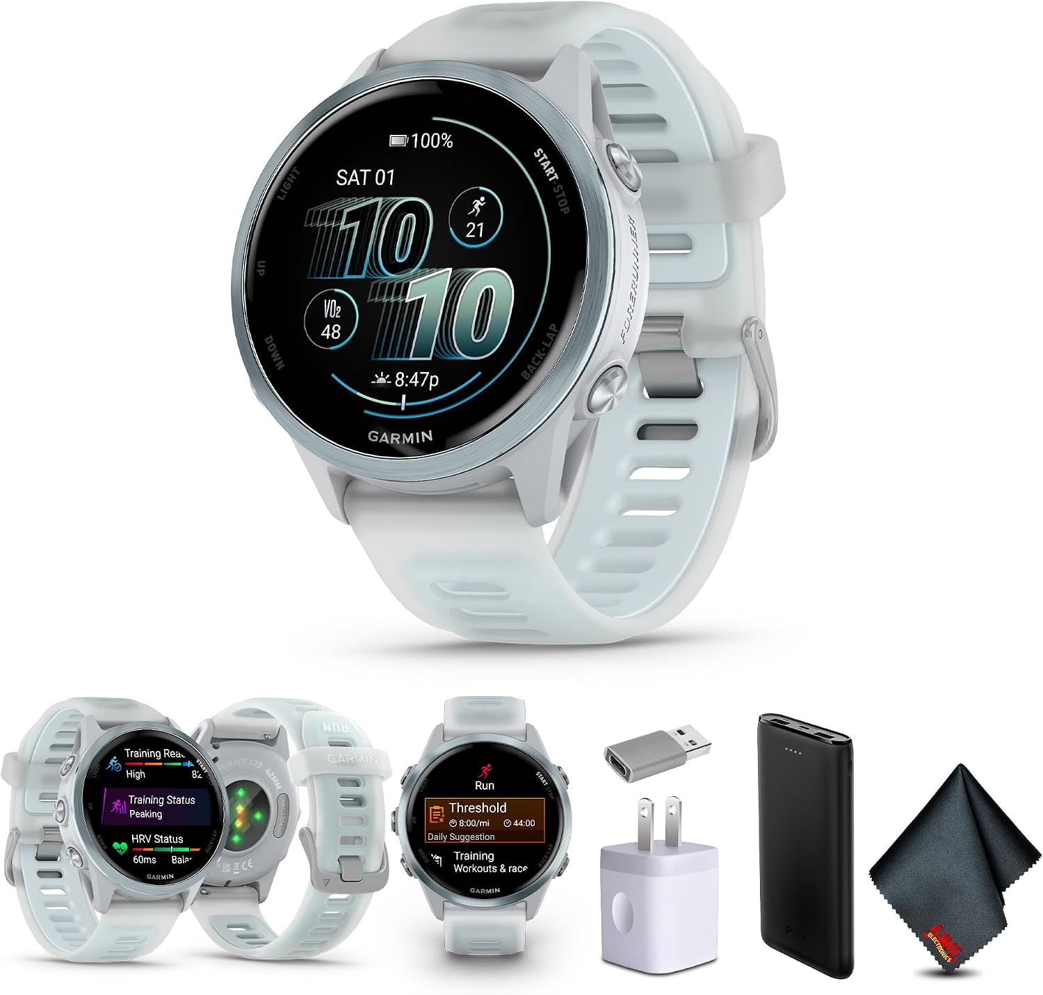 Garmin Forerunner 570 Running Smartwatch, 42MM WiFi, GPS Fitness Smart Watch for Men and Women, Cloud Blue Aluminum with Translucent Whitestone/Cloud Blue Band Bundle with P-Bank + More