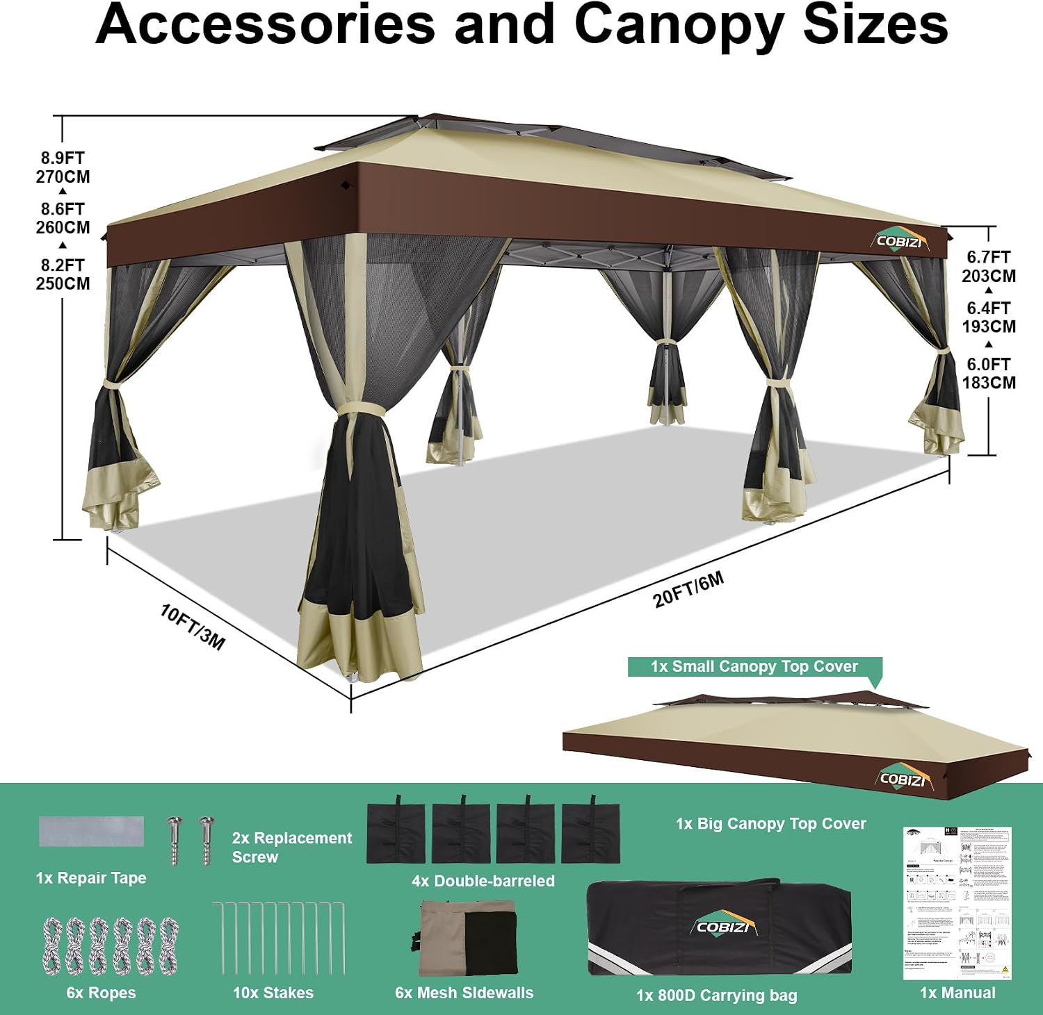 COBIZI 10x20 Pop up Gazebo, One-Push Setup Canopy Tent with Mosquito Netting & Vented Roof Design, Upgrade Metal Easy up Canopy Carpa Outdoor Gazebos for Backyard Camping Deck Party(Khaki & Brown)
