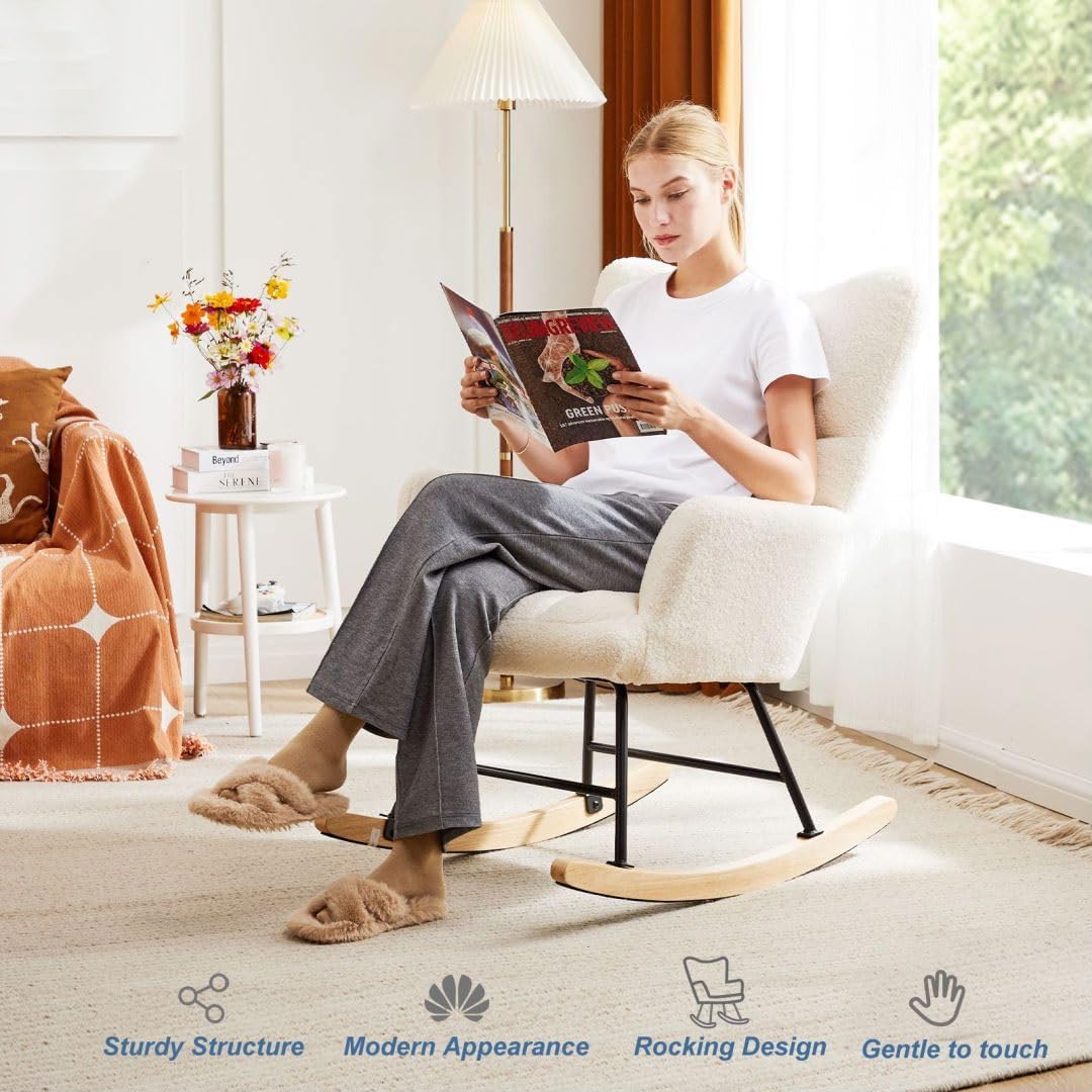 Nursery Rocking Chair, Boho Accent Ottoman, Teddy Upholstered Glider Rocker Accent Chair with High Backrest for Living Room, Small Spaces, Bedroom, Beige