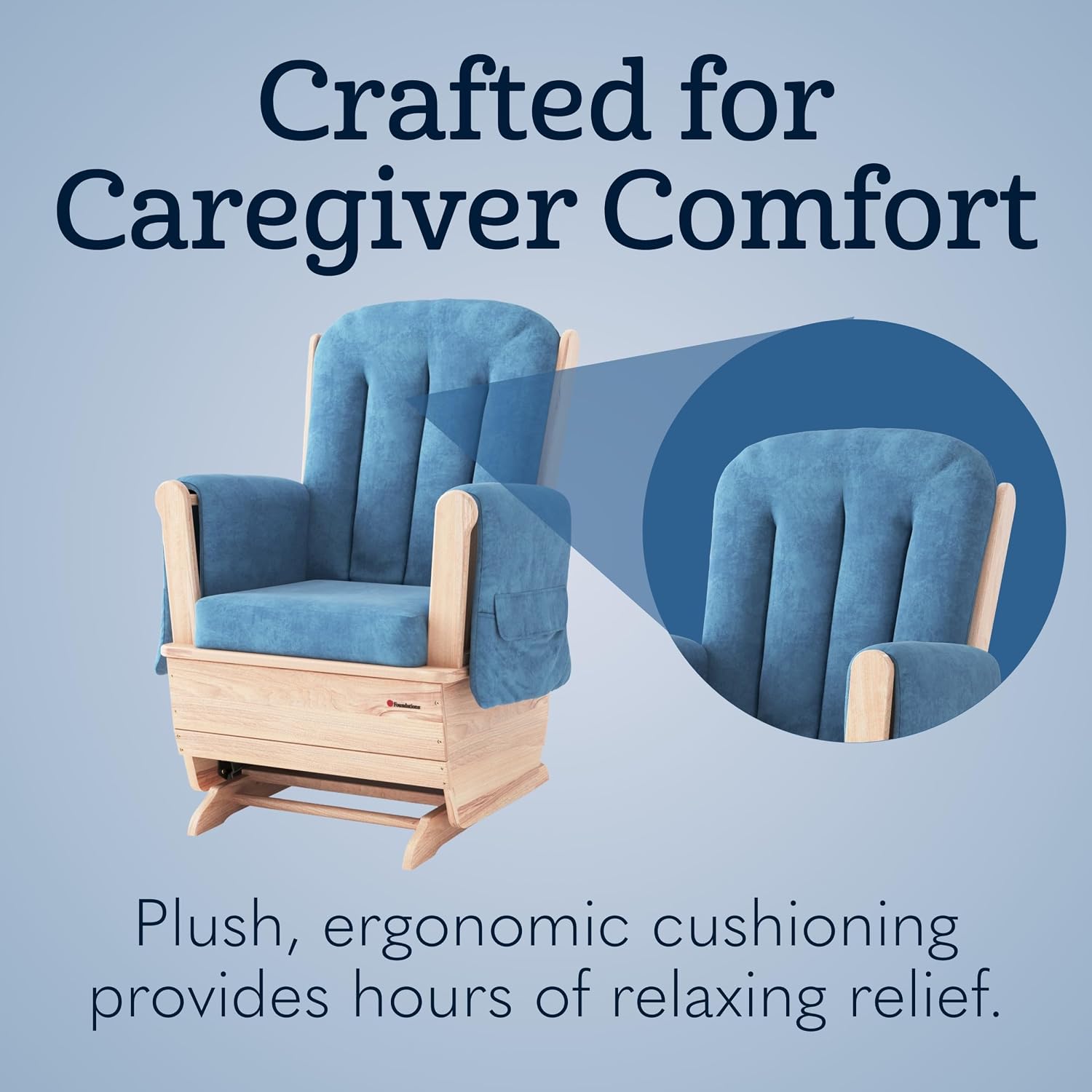 Foundations SafeRocker Standard Glider Rocker - Baby Feeding and Rocking Chair for Nursery, Daycare Environment - Nursery Rocking Chairs with Wood Skirt Base - Blue Microfiber