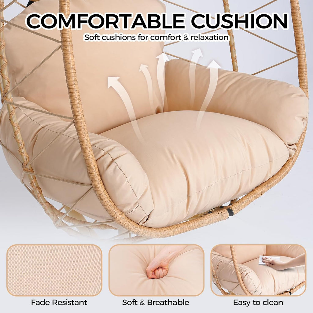 Egg Chair with Stand, Wicker Hanging Chair for Outdoor Patio, Cushioned Hammock Swing for Bedroom Garden Indoor/Outdoor, Double-Zipper Structure Hanging Egg Chair (Yellow and Beige)
