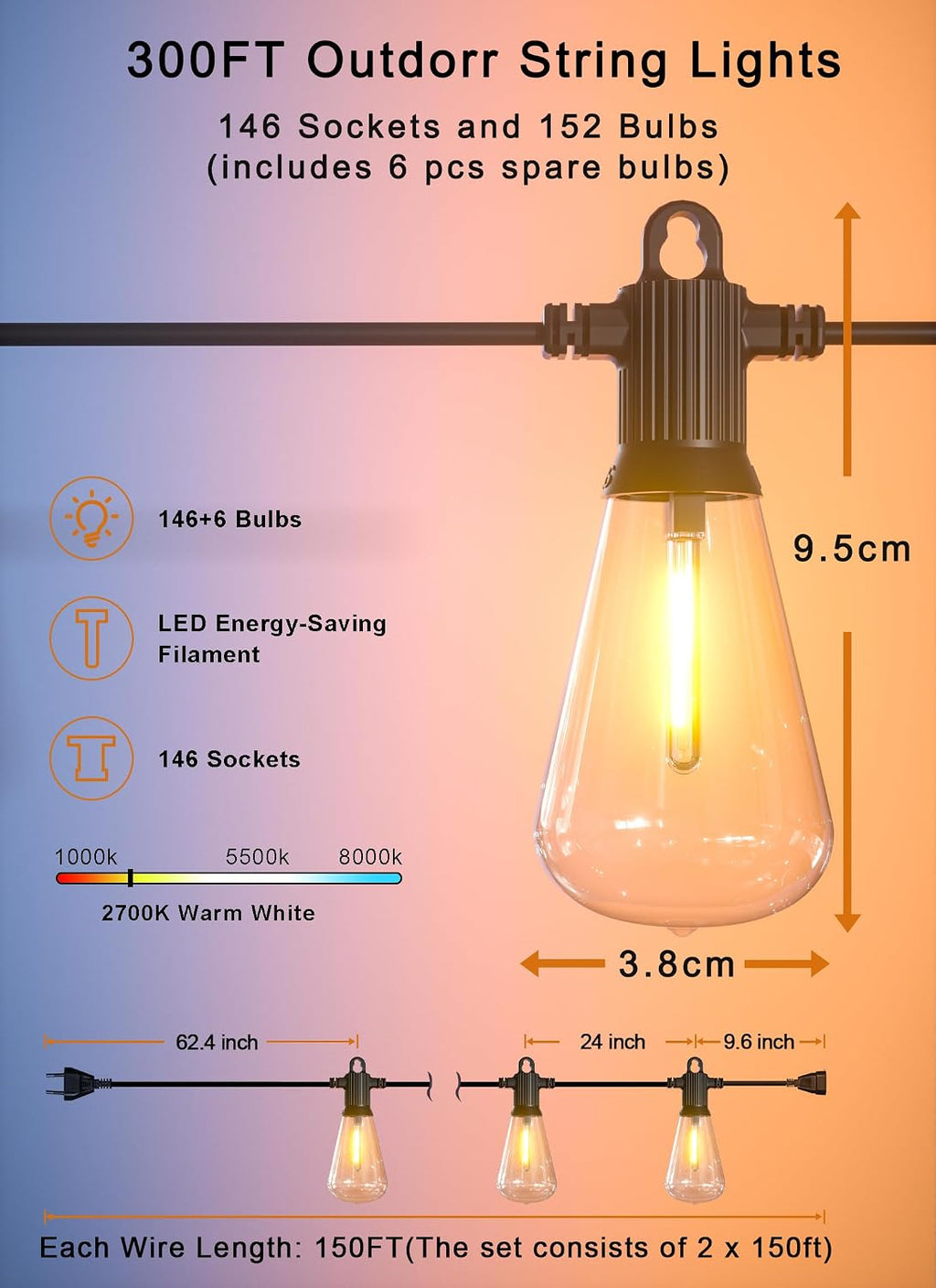 Zuske Outdoor String Lights Waterproof, 300FT Patio Lights with 146 Shatterproof ST38 Globe Bulbs(6 Spare), Connectable Dimmable LED Hanging String Lights for Outside Backyard Porch Balcony(150FT x 2)