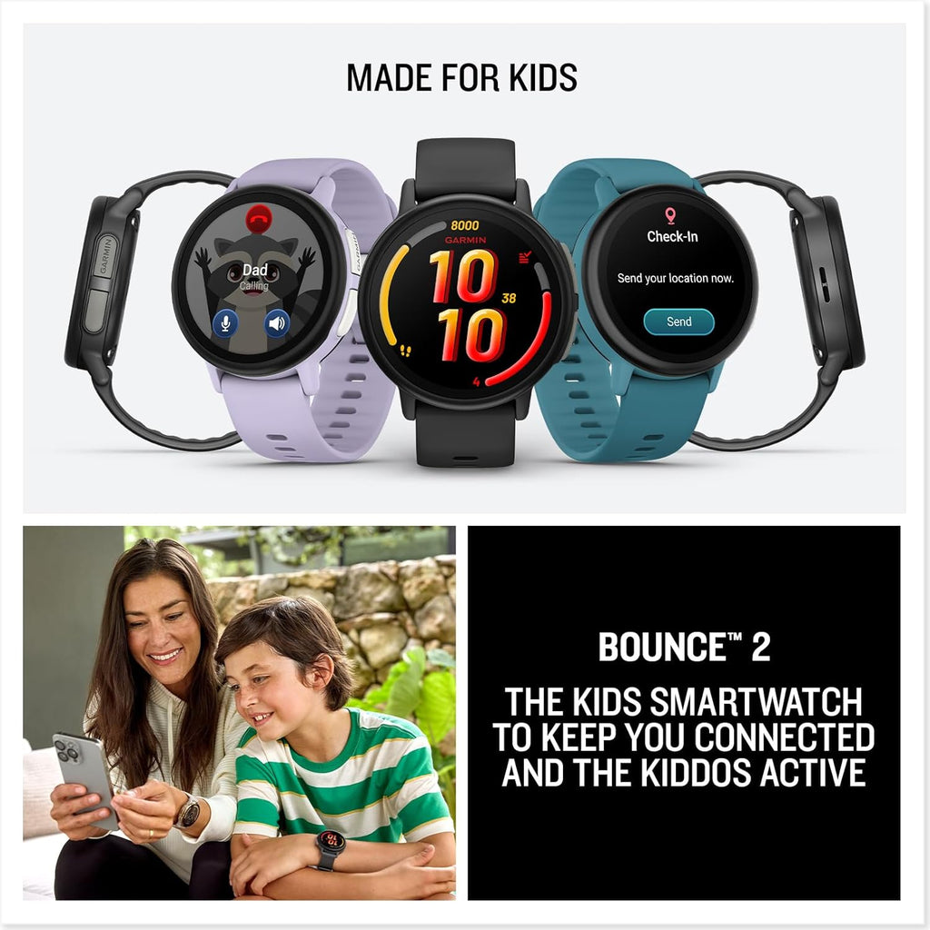 PlayBetter Garmin Bounce 2 (Light Purple) Kids GPS Smartwatch Gift Box Bundle - Calling, Messaging & Location Tracking Features HD Screen Protectors, Wall Adapter & Case