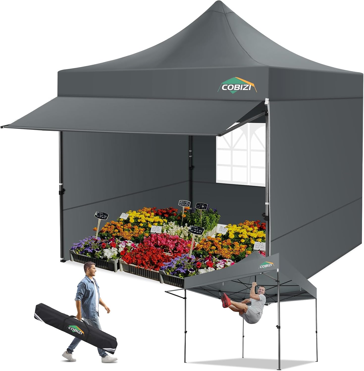 COBIZI 10x10 Pop Up Canopy Tent with Awning & Sidewalls, Heavy Duty Commercial 10X10 Canopy Tents Instant Waterproof, UPF 50+ Sun Shade for Outdoor, Parties, Markets (Gray)