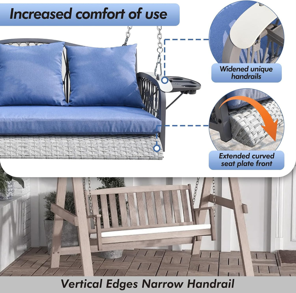 ZZW Wicker Porch Swing Heavy Duty 900 LBS 3-Seat Outdoor Patio Swing Chair with Cushions & 8.9ft Chains Outdoor Hanging Bench with Upgraded Cup Holders for Garden Deck Backyard