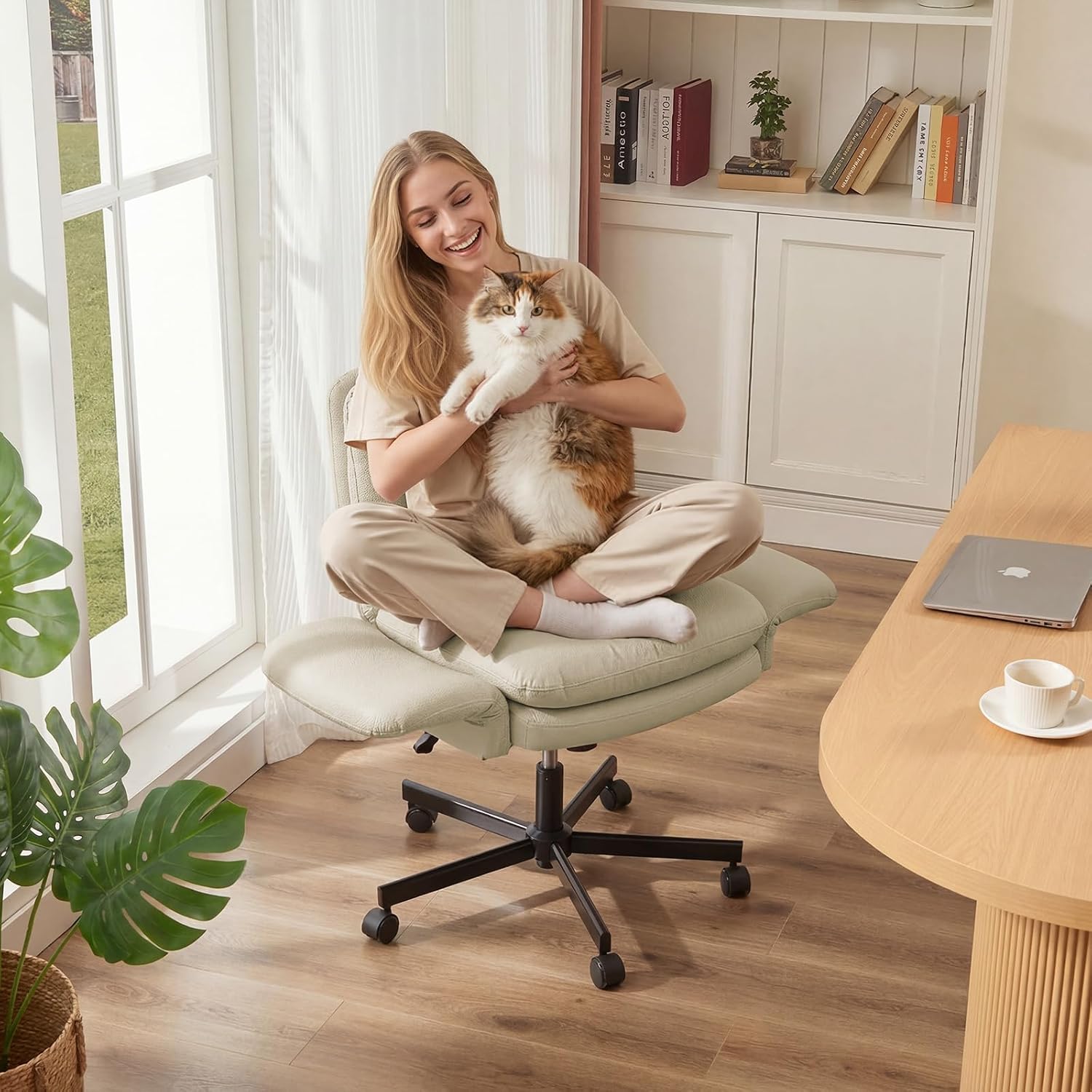 Bestier Criss Cross Office Chair with Flip-Up Armrests, Swivel Makeup Vanity Chair with Wheels & Side Pockets, Cross Legged Office Chair for Home Office, Bedroom, Beige PU Leather