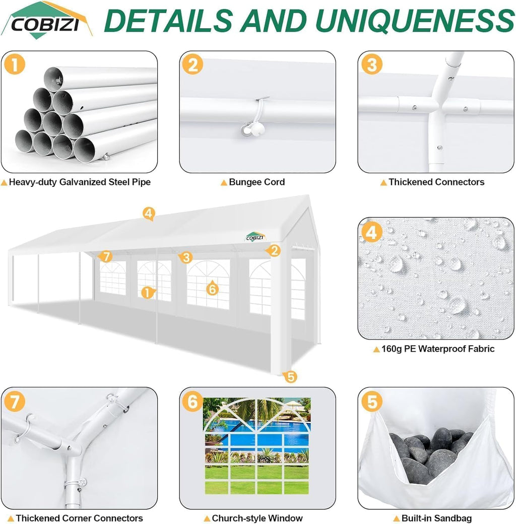 COBIZI 10x30 Heavy Duty Party Tent Outdoor Waterproof Canopy with 8 Church Windows & 8 Sidewalls, Built-in Sandbag, White Powder Coating Commercial Event Shelter Tents for Parties Wedding BBQ Patio