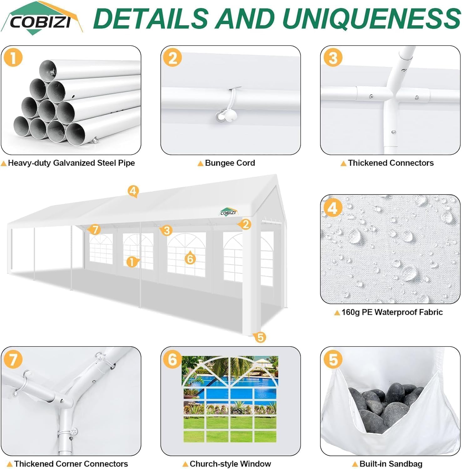 COBIZI 10x30 Heavy Duty Party Tent Outdoor Waterproof Canopy with 8 Church Windows & 8 Sidewalls, Built-in Sandbag, White Powder Coating Commercial Event Shelter Tents for Parties Wedding BBQ Patio