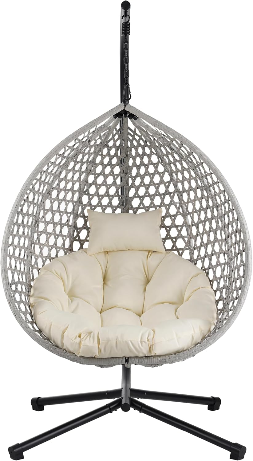 Sturdy Hammock Chair with Stand, Durable Hanging Egg Chair with Rattan Weaving,Comfortable Indoor Outdoor Swing Chairs with Soft Removable Cushion,Suitable for Balcony, Bedroom,or Garden, Gray+Beige