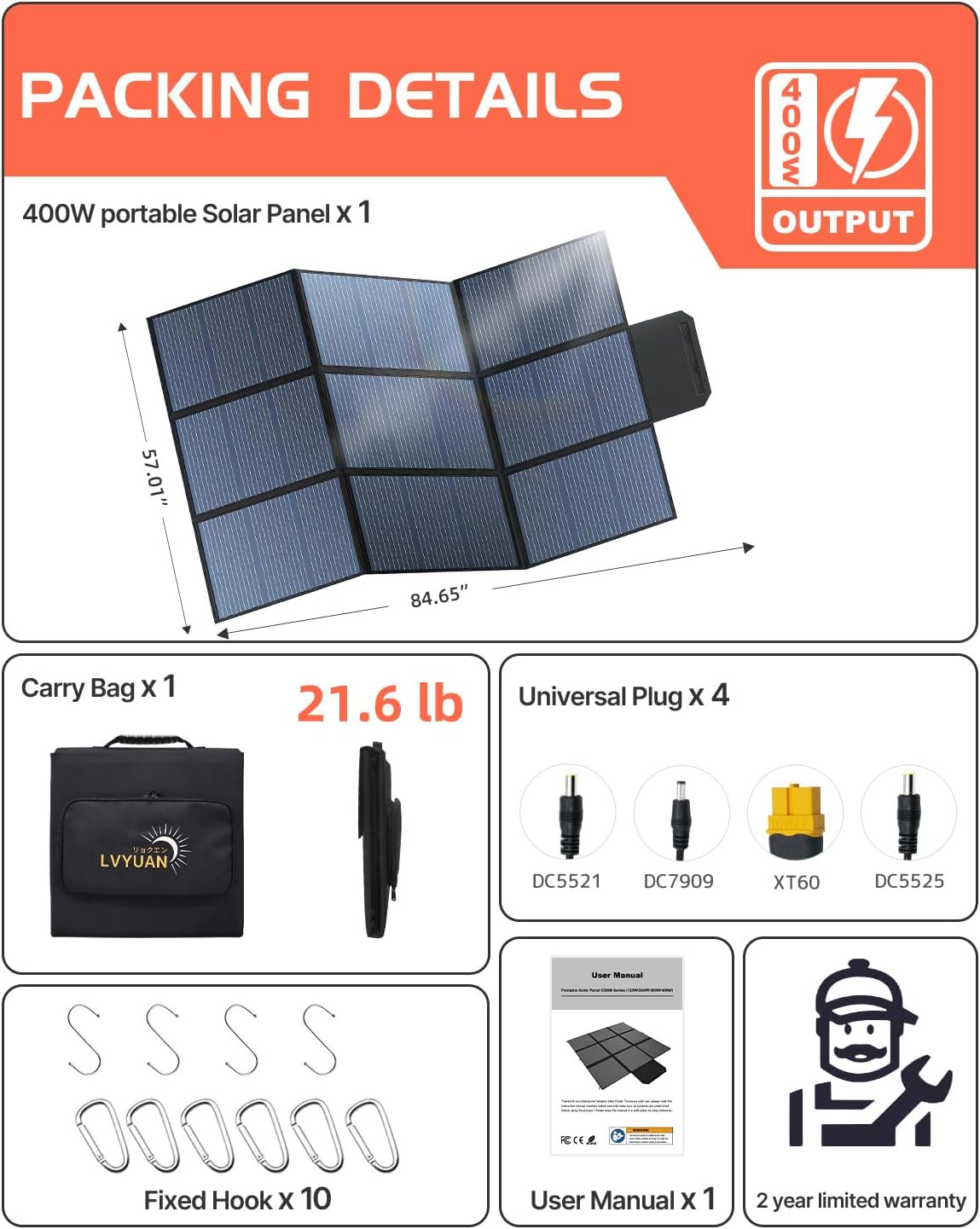 LVYUAN 400W Portable Solar Panel, 36V Foldable Blanket Solar Panel IP64 P-PERC, Upgraded 23% Efficiency for Solar Power Station Generator for Outdoor Camping Backpacking Hiking, 22 Pounds