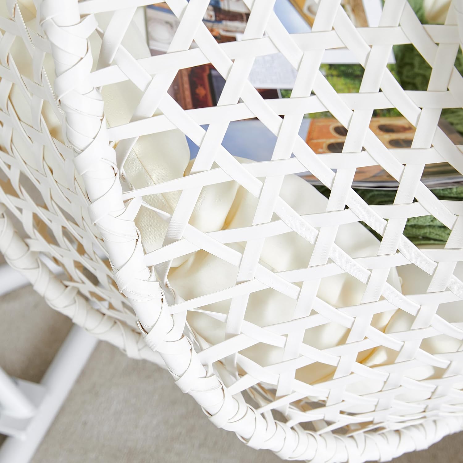 Egg Swing Chair Outdoor with Stand, Hanging Egg Rattan Basket Chair with Cushion and Pillow, Lounge Chairs, Foldable Basket and Metal Stand for Porch, Patio, Bedroom, Balcony,Yard (White)
