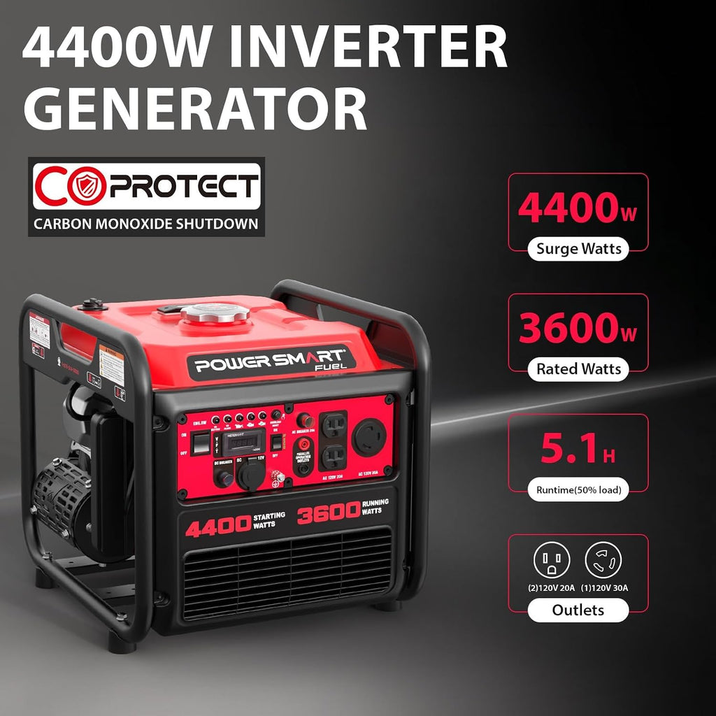 PowerSmart 4400W Portable Inverter Generator, Gas Powered, CO-Sensor, Lightweight & Quiet for Home Use and Emergency Backup, Camping, EPA Compliant