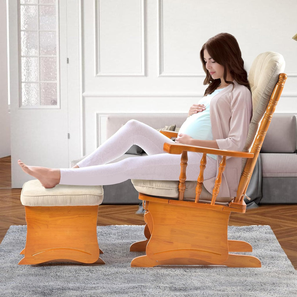 Anti-Pinch Solid Wood Hand Glider Rocking Chair Set with Ottoman, with Padded Cushion, Rustic Rubber Wood Nursery Glider for Nursing, Relaxing, Living Room, Bedroom, Honey Colored