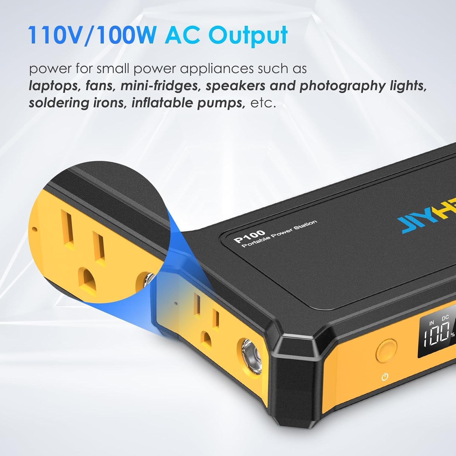JIYHF Portable Power Station 99.9Wh, Backup Power with 65W USB-C PD, 100W AC Outlet, 12V DC Output, LED Light for Camping, Home Backup, Emergency, RV