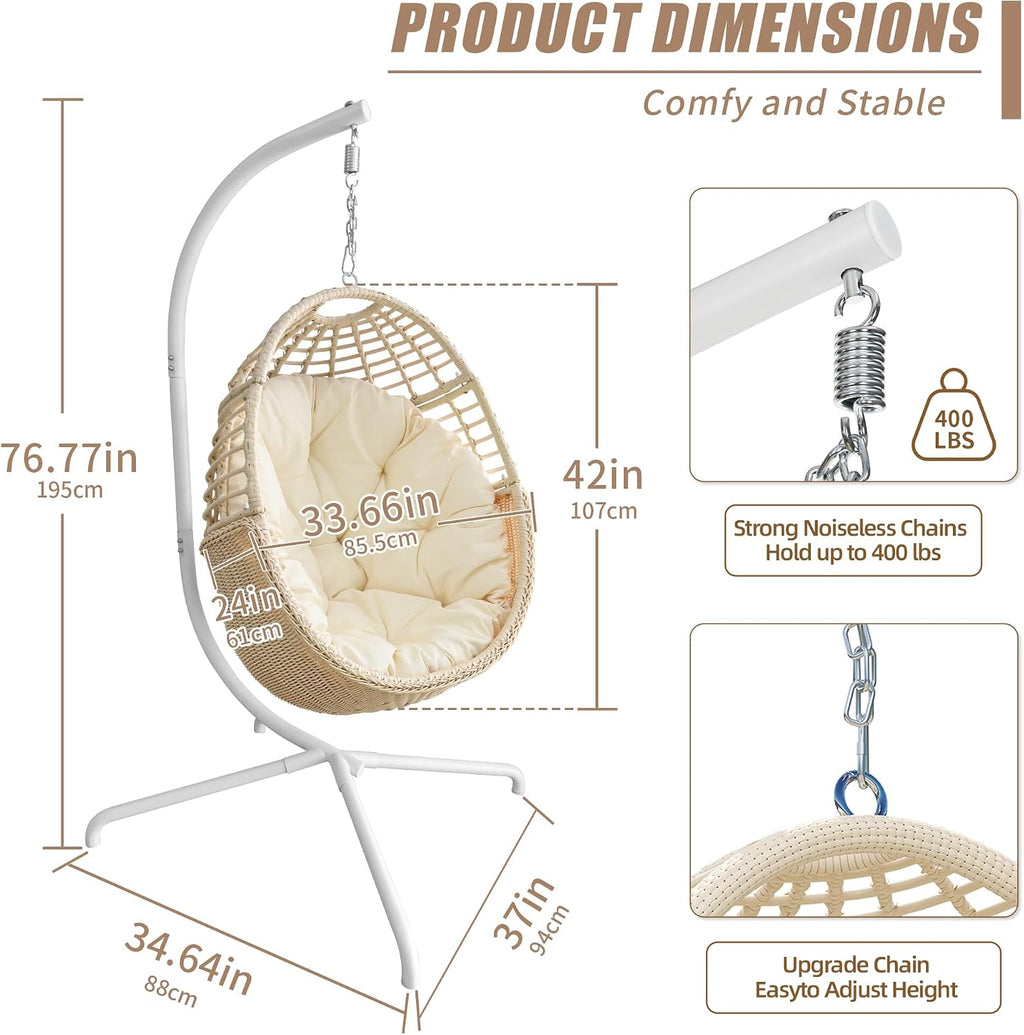 TWT Egg Swing Chair with Stand Beige Outdoor - Rattan Wicker Patio Hanging Basket Hammock Chair with Metal Frame and UV Resistant Cushion for Indoor Bedroom Balcony (Claws Base)