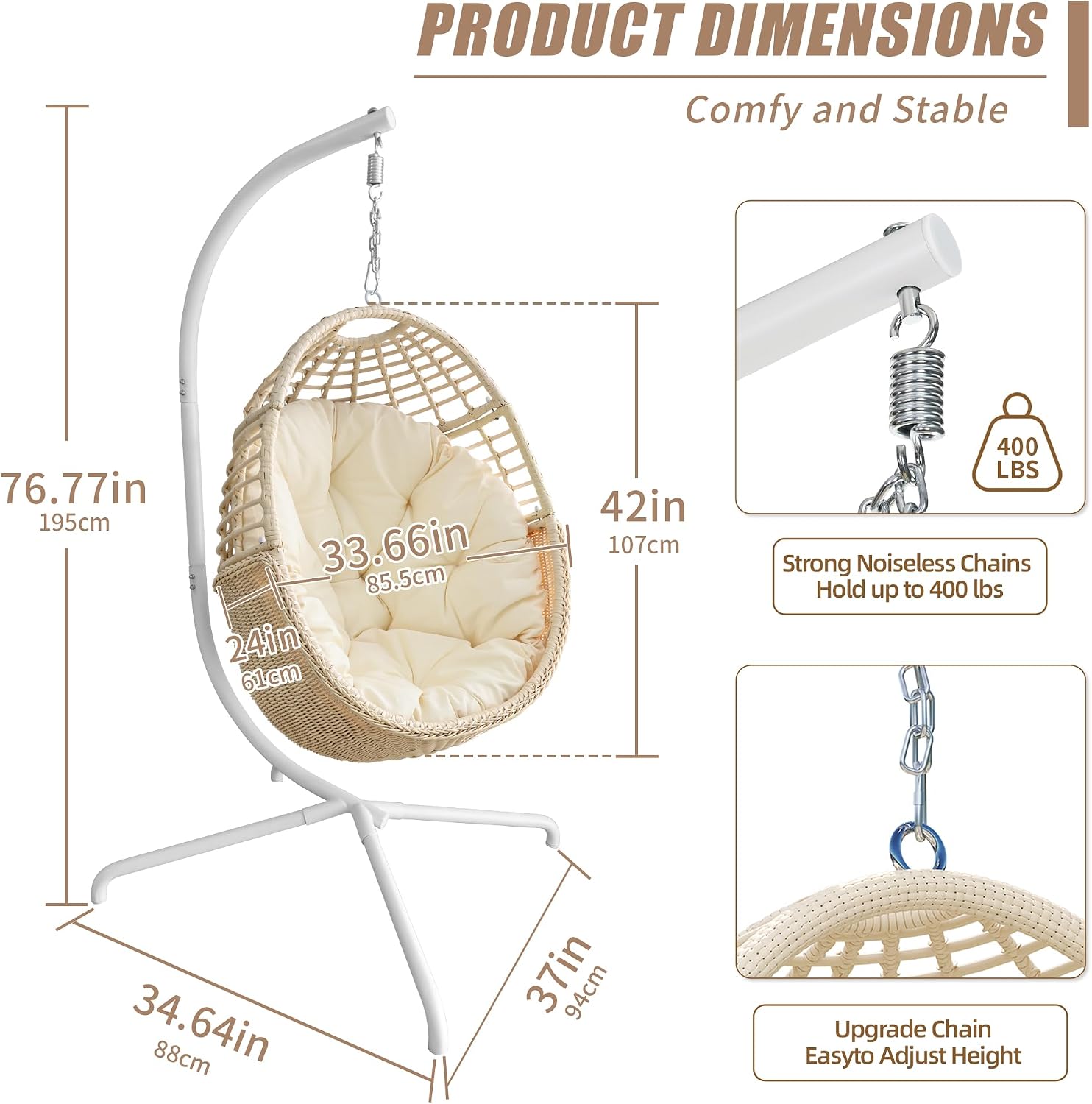 TWT Egg Swing Chair with Stand Beige Outdoor - Rattan Wicker Patio Hanging Basket Hammock Chair with Metal Frame and UV Resistant Cushion for Indoor Bedroom Balcony (Claws Base)