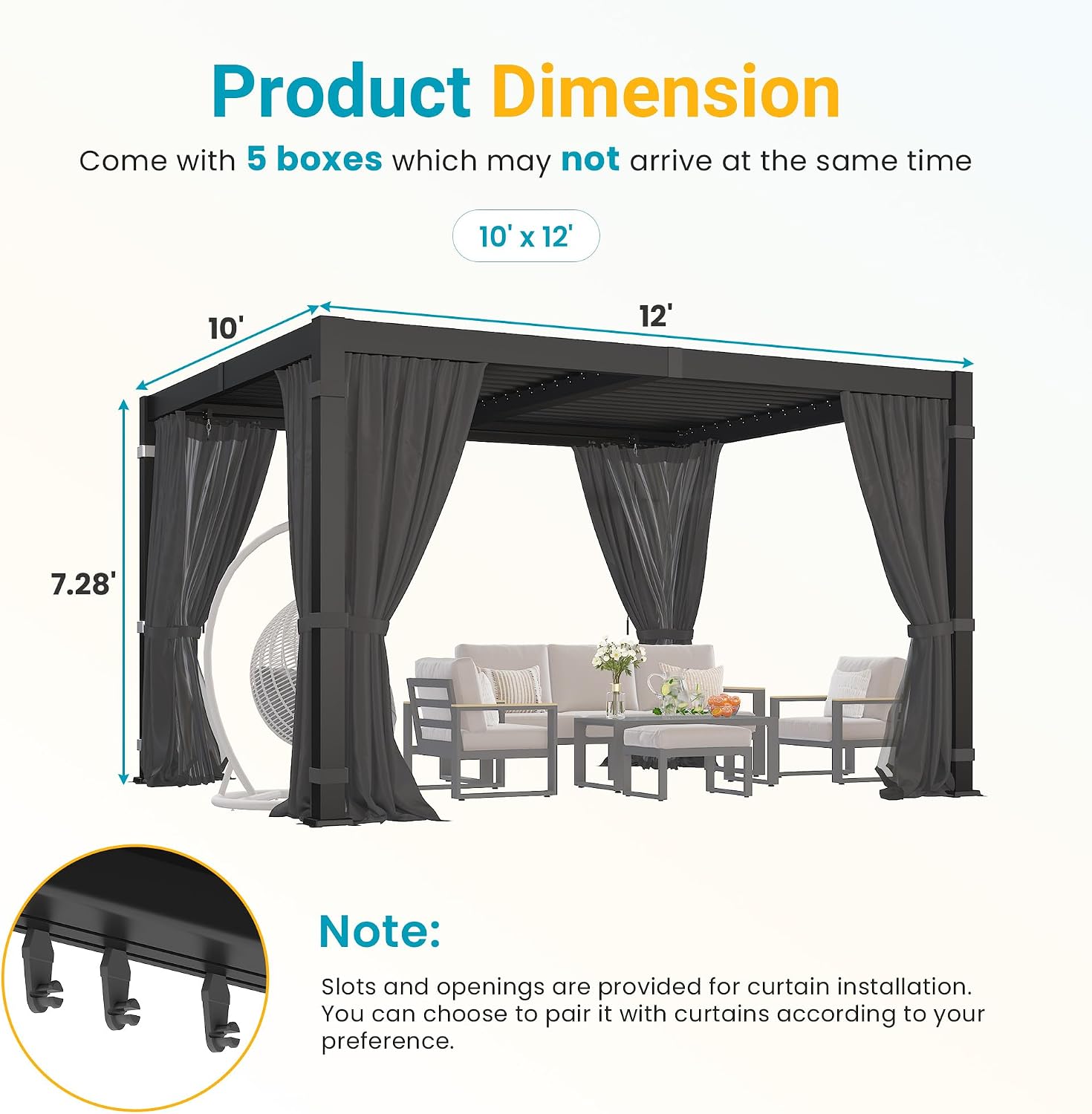 10' x 12' Louvered Pergola, Outdoor Pergola with Curtains & Netting, Metal Patio Pergola with Adjustable Louvers Roof and Gutter System, Metal Hardtop Gazebo for Patio, Deck, Garden, Yard, Dark Gray