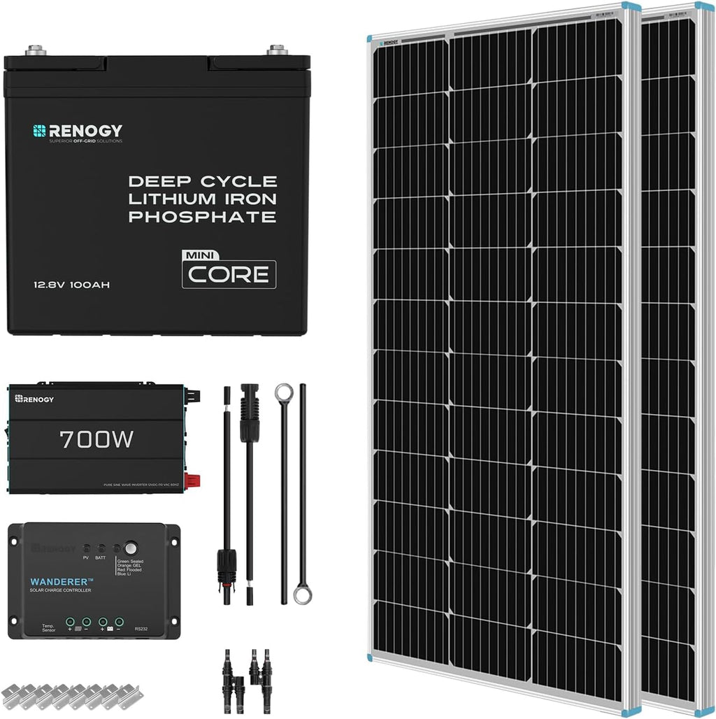 Renogy 200 Watt 12V Complete Solar Panel Starter Kit: 2pcs 100W Solar Panel + 30A Charge Controller + 100Ah Lithium Battery + 600W Premium Solar Inverter for RV Off Grid with Battery and Inverter