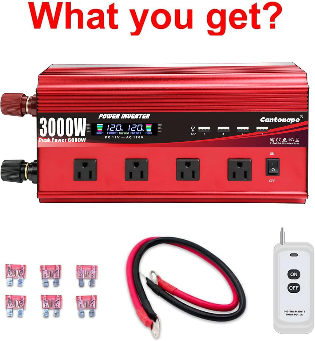 Cantonape 3000W Power Inverter 12V to 110V/120V DC to AC with LCD Display, Remote Controller 4 x AC Outlets and 4 x 3.1A USB Car Adapter for Car Truck Boat RV Solar System