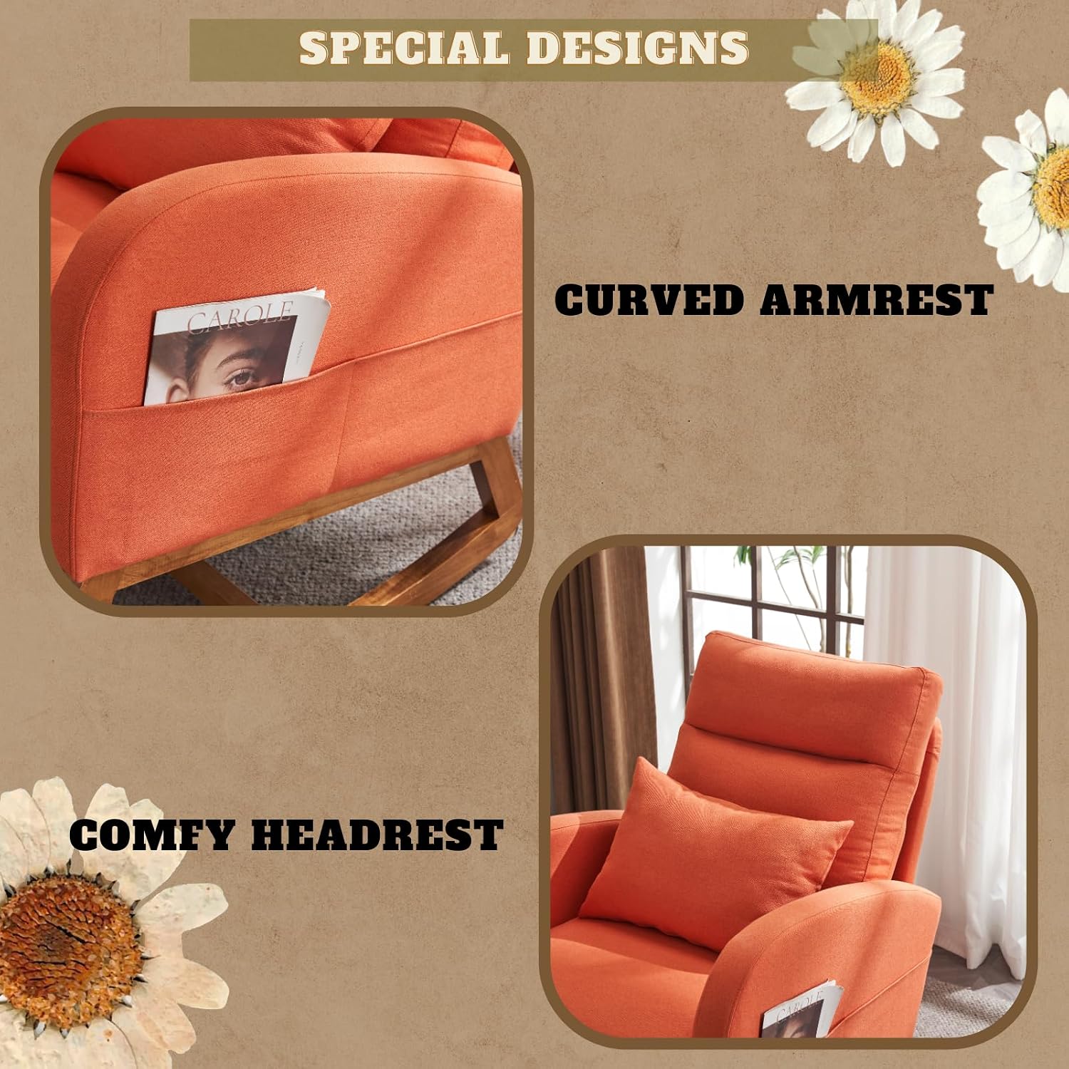 VINGLI Orange Linen Rocking Chair Nursery with Thick Headrest, Upholstered Mid-Century Modern Nursing Rocker Glider with Curved Armrest, Sturdy Solid Wood Base for Living Room, Bedroom, Baby Room