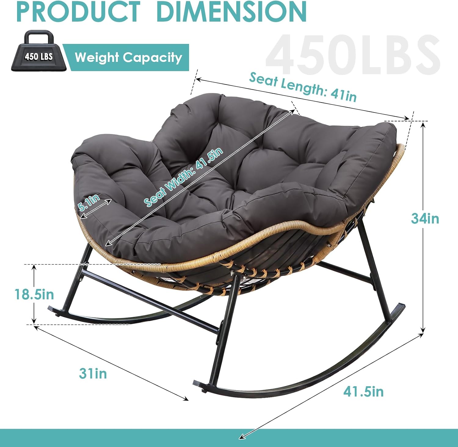 RADIATA Outdoor Papasan Rocking Chair with Cushion, Oversized Patio Lounge Rocker, All Weather PE Wicker Comfy Egg Rocking Chairs, 450 lbs Heavy Duty Recliner Glider for Balcony, Porch, Garden, Grey