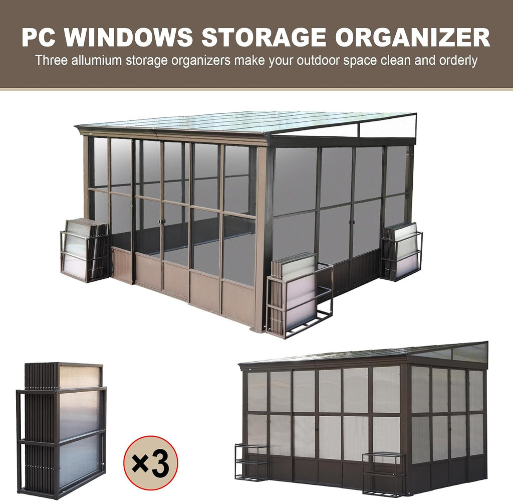 Domi Lean-to Sunroom 10x12FT, Wall Mounted Solarium with Sloping Polycarbonate Roof, Detachable Polycarbonate Screens, 2 Lockable Sliding Doors, Aluminum Gazebo Against Wall Sun Room for Patio Deck
