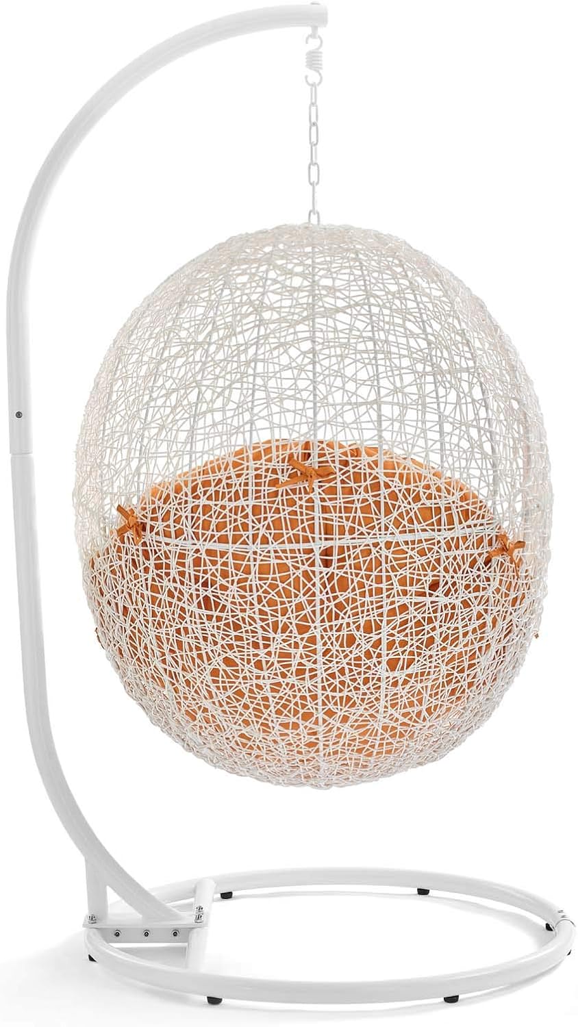 Modway Hide Wicker Rattan Outdoor Patio Porch Lounge Egg Swing Chair Set with Stand in White Orange