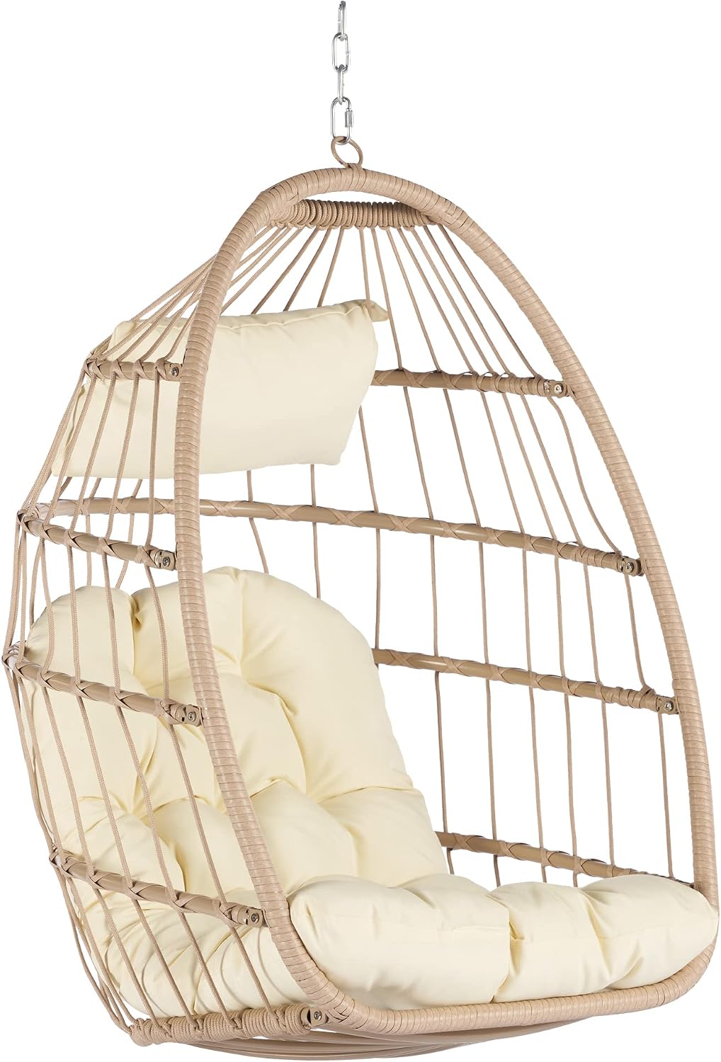 Outdoor Garden Rattan Egg Swing Chair,Foldable Wicker Egg Hanging Chair for Bedroom,Living Room,Deck,Supprt Up to 360 lbs (Khaki)