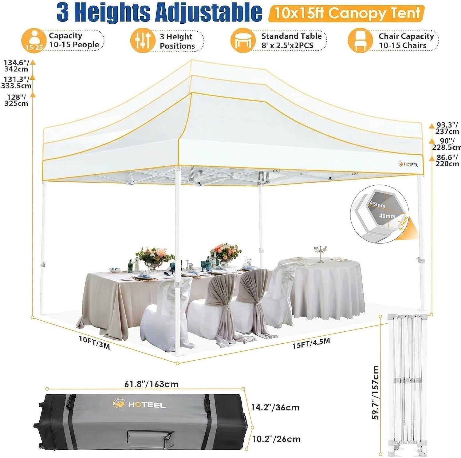 HOTEEL 10x15 Heavy Duty Pop up Canopy Tent for Parties Without Sidewalls, Easy Setup Outdoor Commercial Instant Gazebo for Wedding Event, with Roller Bag & Sand Bags, White(Hexagonal Frame)