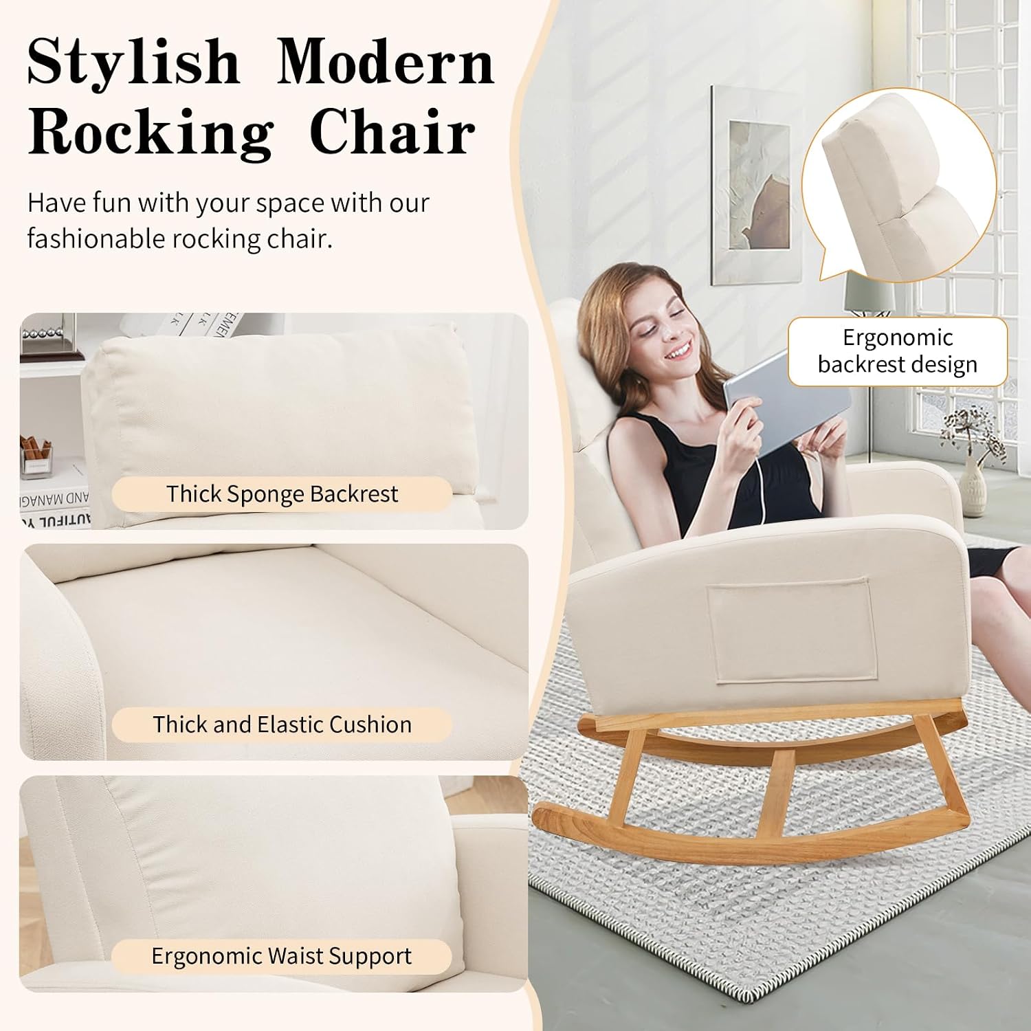 HCHAIRH Rocking Chair Nursery, Upholstered Nursing Rocker Chairs with High Backrest, Modern Glider Rocking Chair for Nursery Living Room, Bedroom, Cream