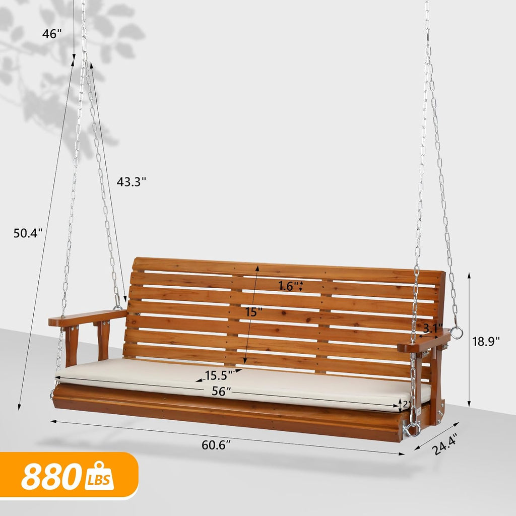VINGLI 5 FT Outdoor Porch Swing with Frame, Patio Hanging Swing & Stand with Extra Cushions Heavy Duty 880 LBS for Yard, Garden, Pool, Deck, Brown